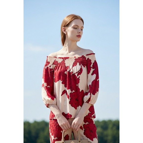 Cato Tops - Cato Red Floral Cream Off The Shoulder 3/4 Sleeve Peasant Top Sm Boho Feminine